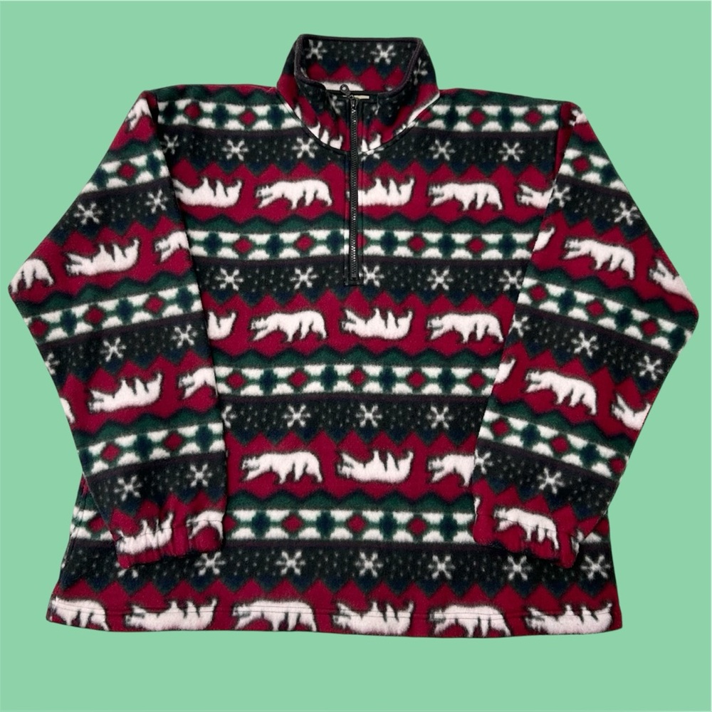 Vintage 90s R&R AOP Polar Bear Snowflake Nature 1/4 Zip Fleece Pullover XXL